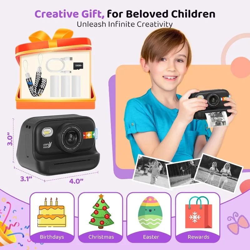 Instant Print Camera voor kinderen, verjaardagscadeaus voor meisjes en jongens van 3-12 jaar - 1080P videocamera voor kinderen, cadeaus voor vakanties