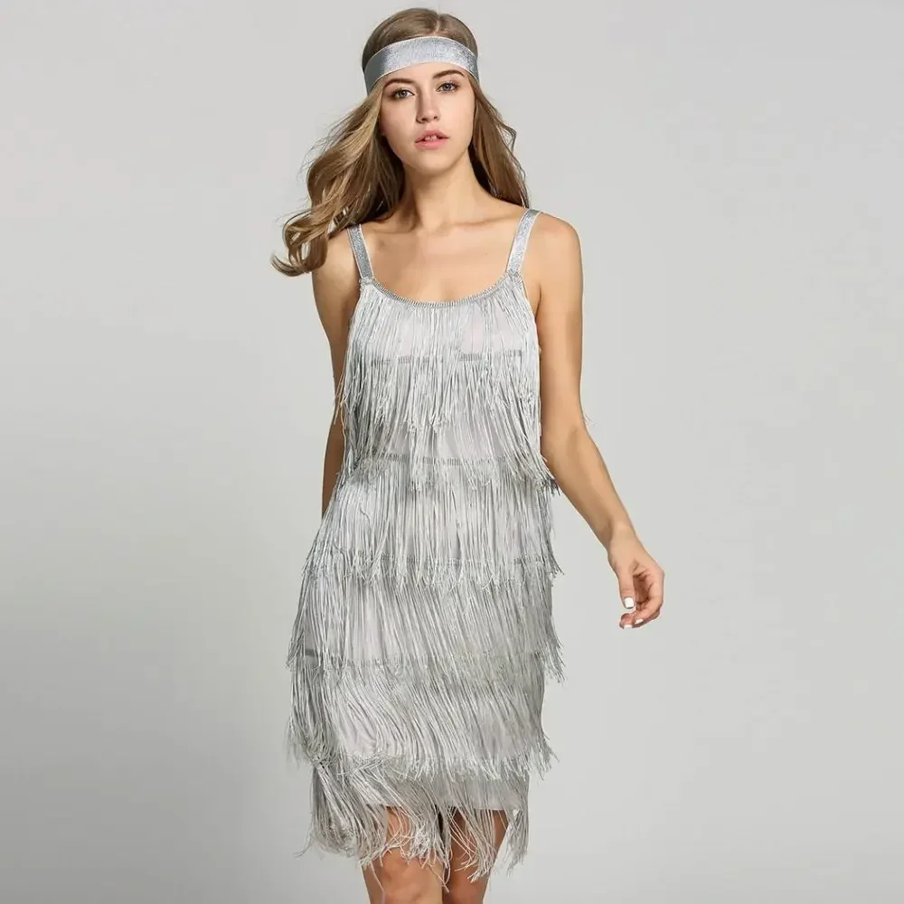 Vestido de gran Gatsby de los años 20, vestido con flecos escalonados y tiras con cuello oblicuo, vestido elegante de fiesta estilo flapper Vintage, disfraces con diadema