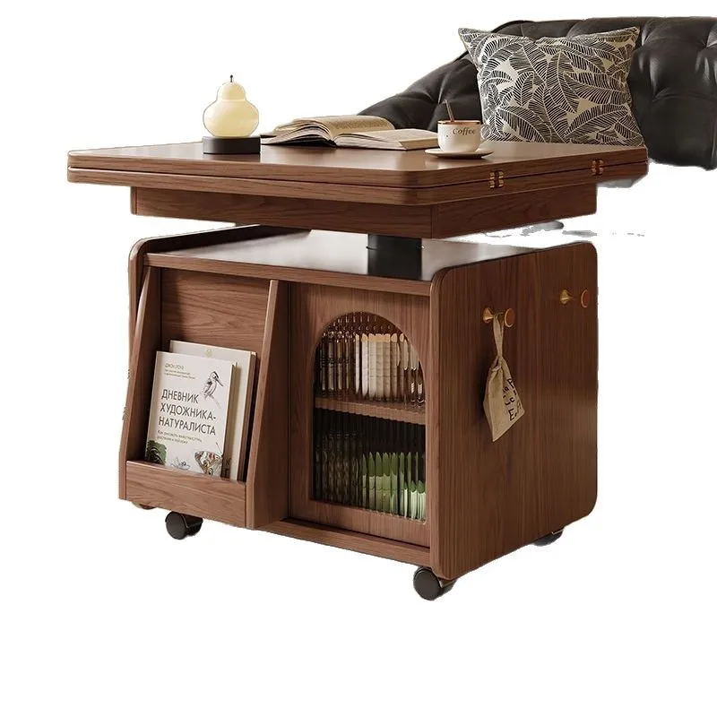 Solid wood multi-functional mobile cart coffee table tea table lifting living room folding tea table sofa dual-purpose small apa
