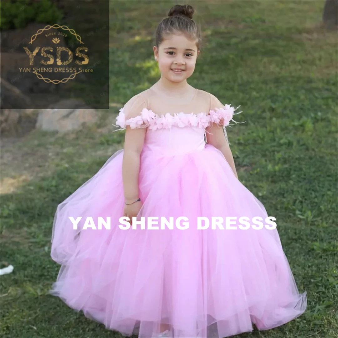 Customized Flower Girl Dresses Pink Tulle Puffy With Bow Short Sleeve For Wedding Birthday Party Banquet Princess Gowns