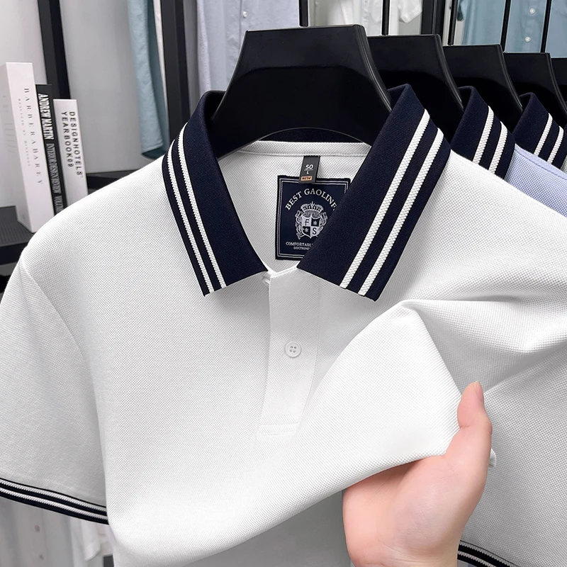 100% pure cotton short sleeve men polo shirt high-quality new fashion summer breathable personality striped lapel casual T-shirt