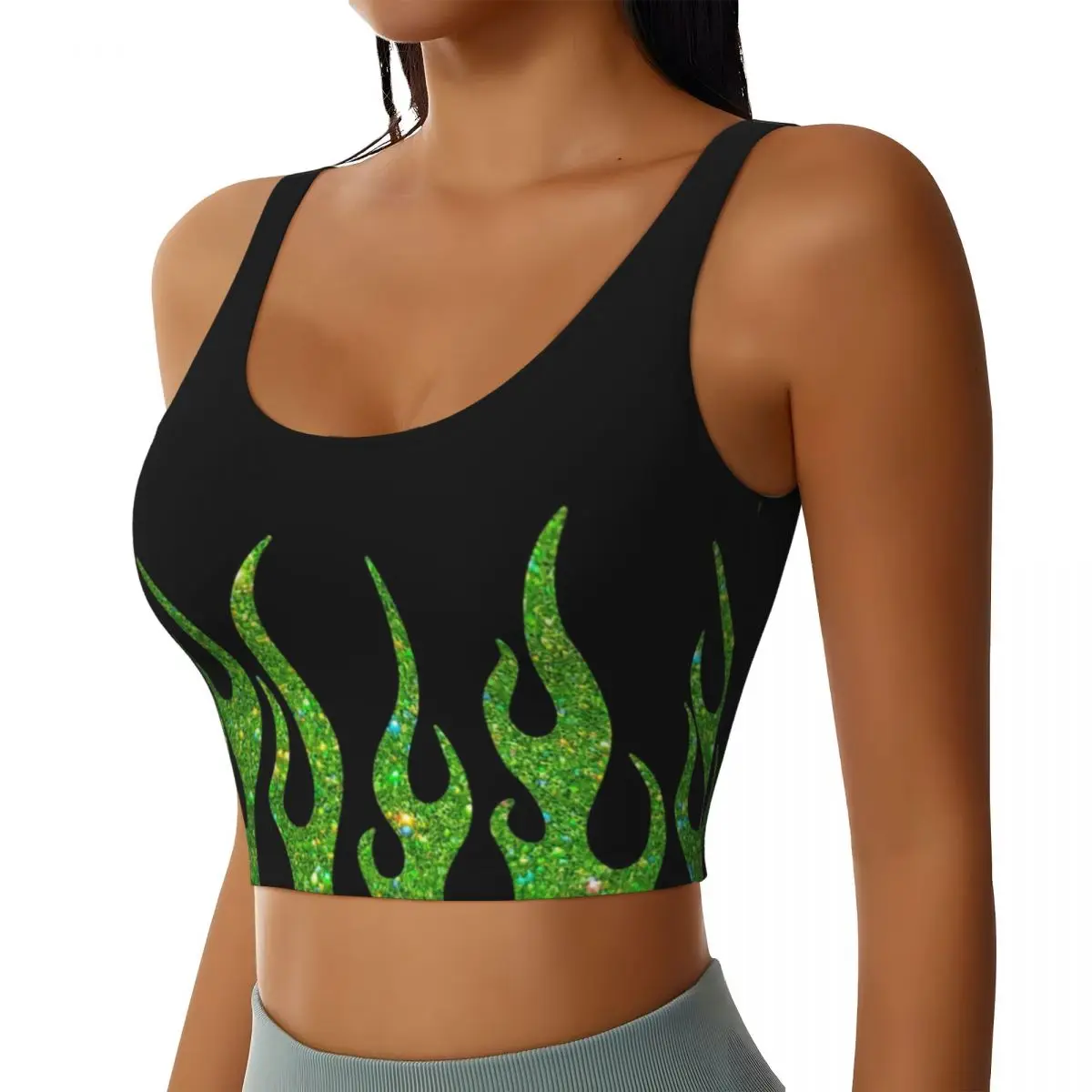 Custom Green Glitter Flames Workout Crop Tank Tops for Women Seamless Vintage Fire Aesthetic Yoga Running Sports Bras