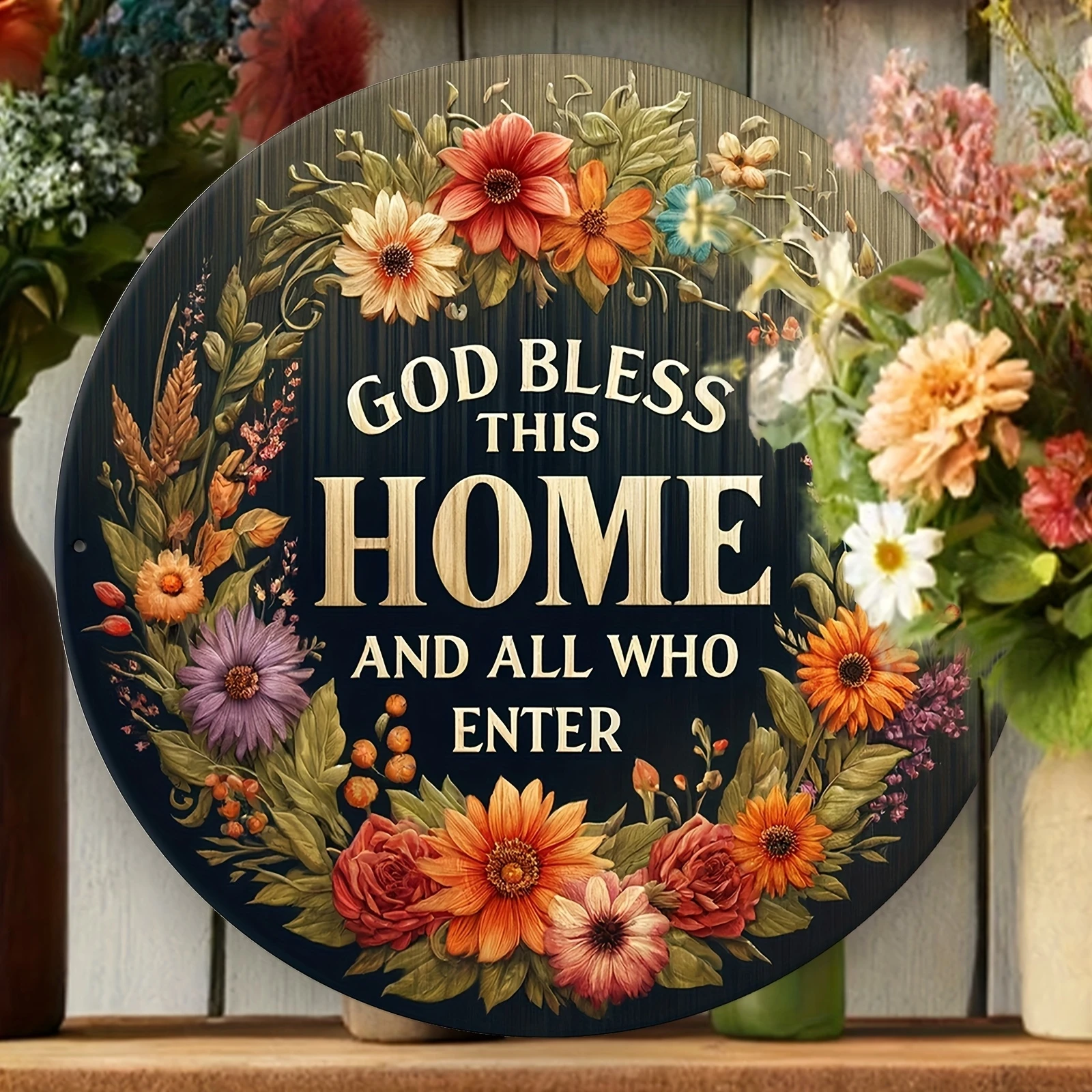 GOD BLESS THIS HOME AND ALL WHO ENTER 2D Wooden Disc Wreaths Circles Patterns Theme Signs Home Composite Wall Hanging Porch Room