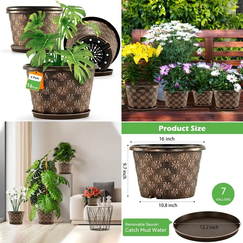 

16-дюймовые горшки для растений, пластиковые большие цветочные горшки для использования в помещении и на открытом воздухе, 4-упаковка смоляного горшка для растений с дренажем и блюдцем, ретро