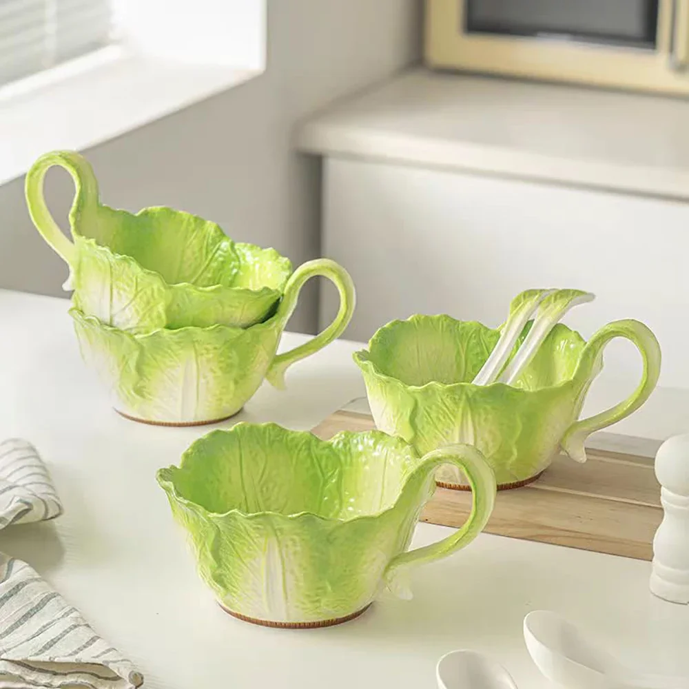 Creative Cabbage Shaped Bowl with Handle Household Dining Ceramic High Capacity Soup Bowls Dormitory Microwavable Tableware