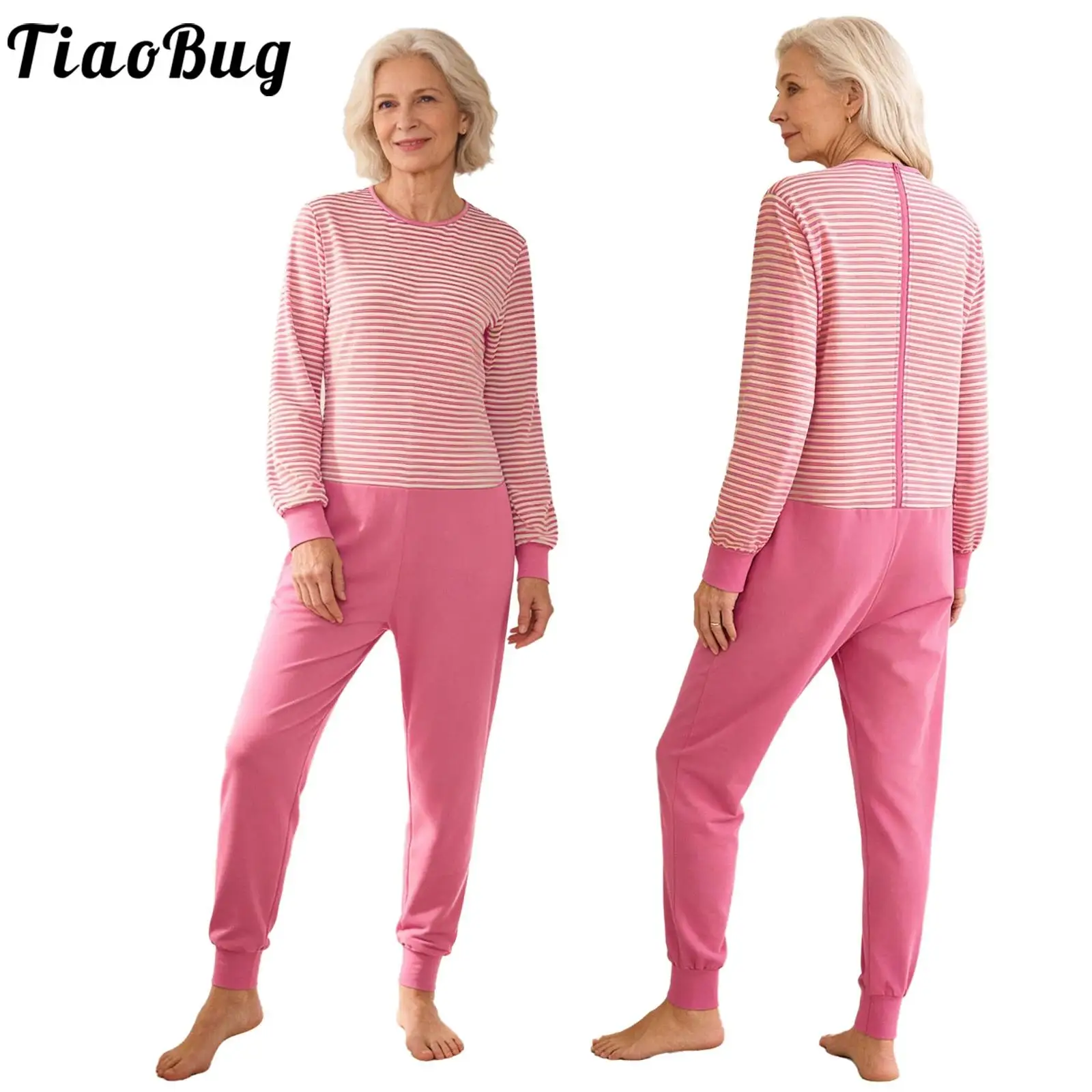 Adult Elderly Alzheimer Nursing Striped Jumpsuit Long Sleeves Zipper Anti-strip One-piece for Special Needs Caring Disabilities