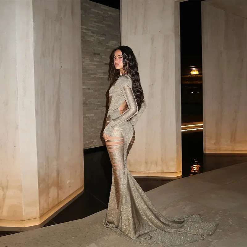 

2025 Summer Women's Banquet Dresses Sexy Hollow Out Backless Dress Full Sleeve Slim Floor-length Dress Lady Party Evening Gown