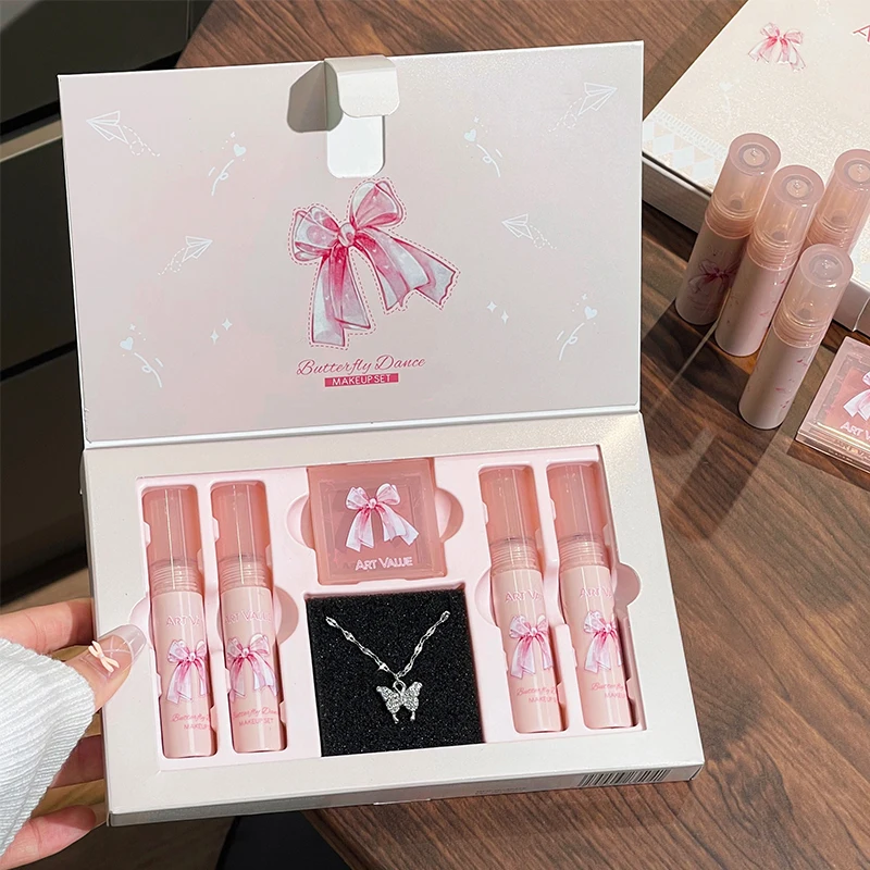 6 pçs/caixa conjunto de batom fosco lábios maquiagem veludo nude brilho labial hidratante lábio esmalte rosto blush paleta maquiagem conjunto colar presente