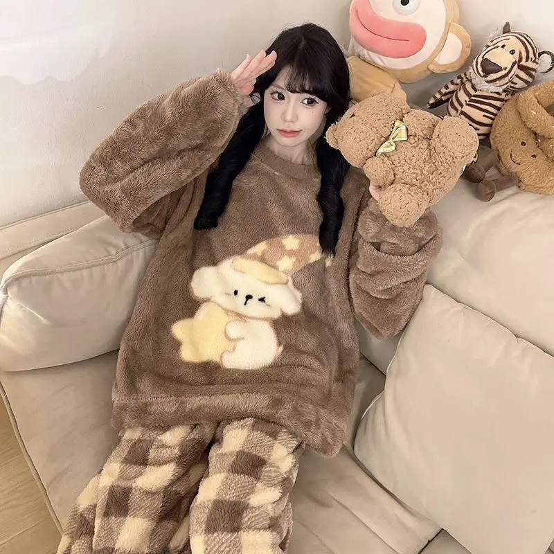 

Новый коралловый бархатный женский пижамы с длинными рукавами, осенне-зимний комплект из двух предметов с героями мультфильмов, фланелевой комплект