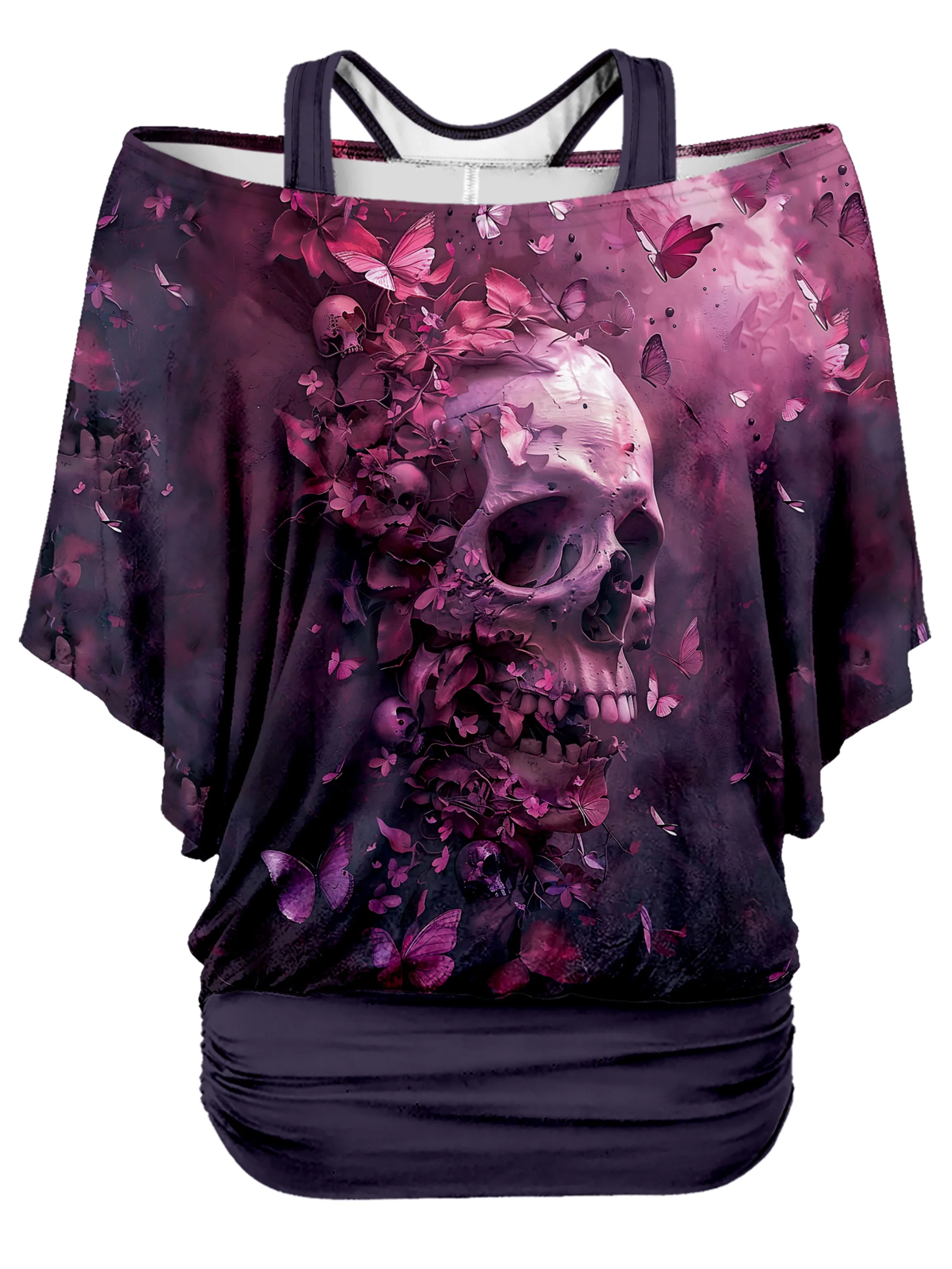 PLstar Cosmos 3D Print Dark Horror Skull Pattern Women's Casual T-Shirt, Y2K Style, Sexy Off-Shoulder Loose Short Sleeve