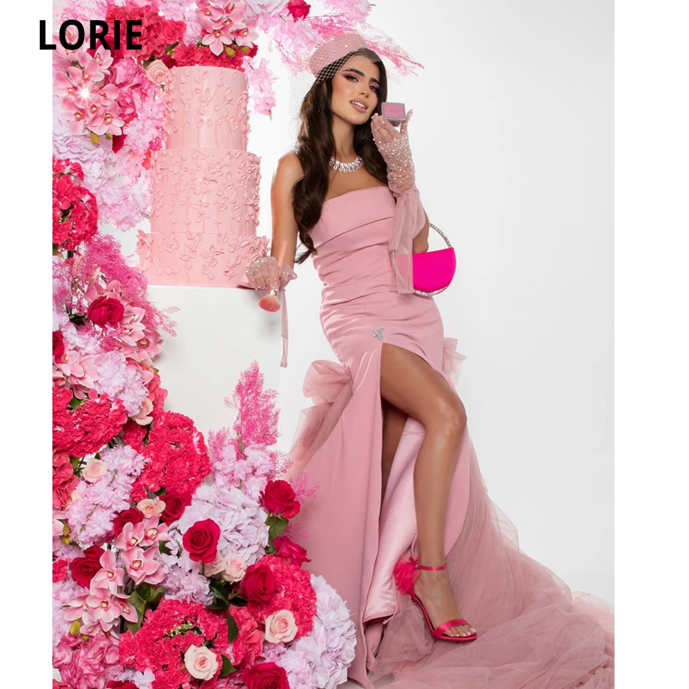 

LORIE Satin Evening Dresses Vestidos De Fiesta Sleeveless Strapless Tulle Train Arabic Dubai Formal Gowns Leg Slit Evening Gowns