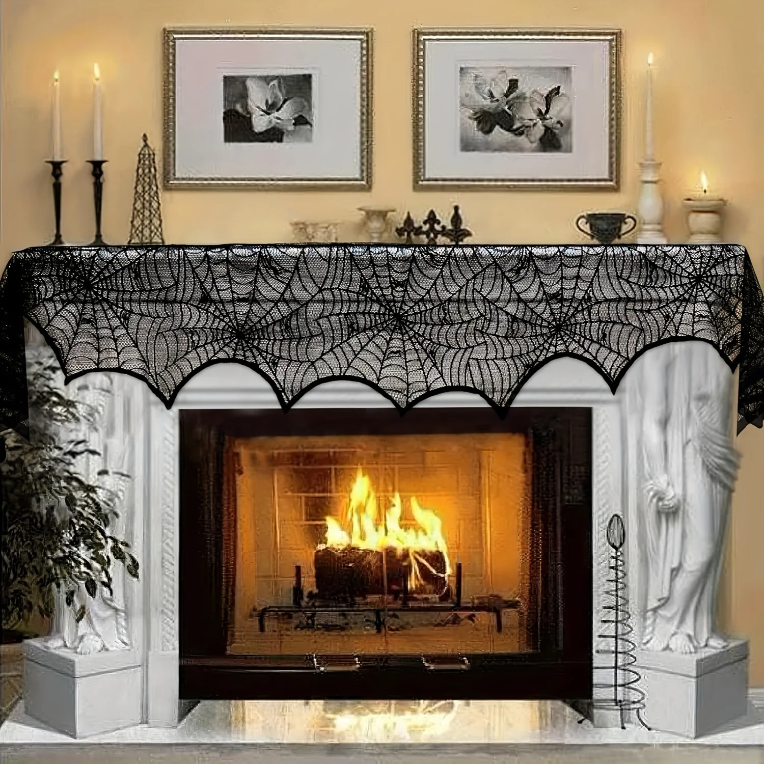 Halloween Decoration Indoor Skull Head Fireplace Scarf, Black Lace Spider Web Fireplace Cover, Halloween Mantle Decoration