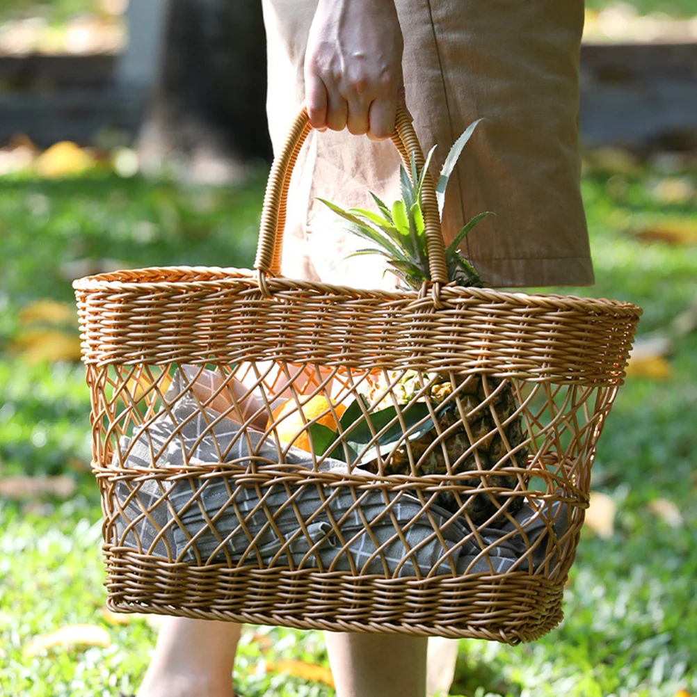 

Imitation Rattan Woven Basket Cute Picnic Supplies Hand Storage Baskets Grocery Wicker Outdoor for