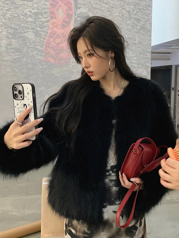 女性用エレガントフェイクファーコート、ヴィンテージ風スリムロングスリーブフェイクフォックス暖かいジャケット、冬用韓国風無地女性用Oネックレトロスイートトップス新作