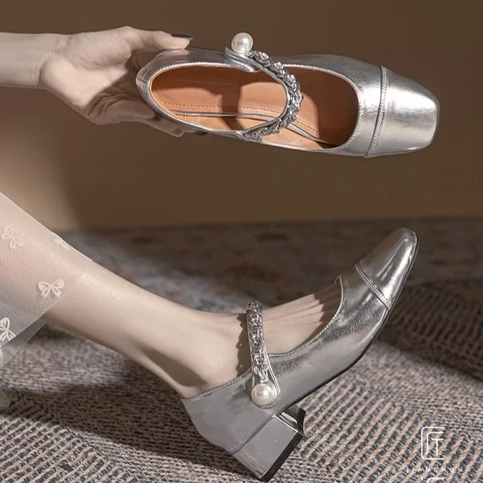 

French Silver Buckle Strap Mid Heel High Heels for Women, 2025 New Mary Jane Women's Shoes, Square Toe Thick Follow-up Shoes