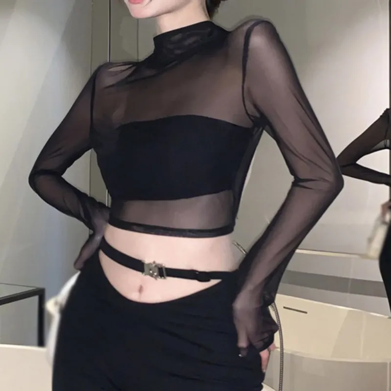 Women Mesh Crop Top Sheer Long Sleeve Slim See Through Shirt Sexy Backless Blouse Short Waist Cinching Top