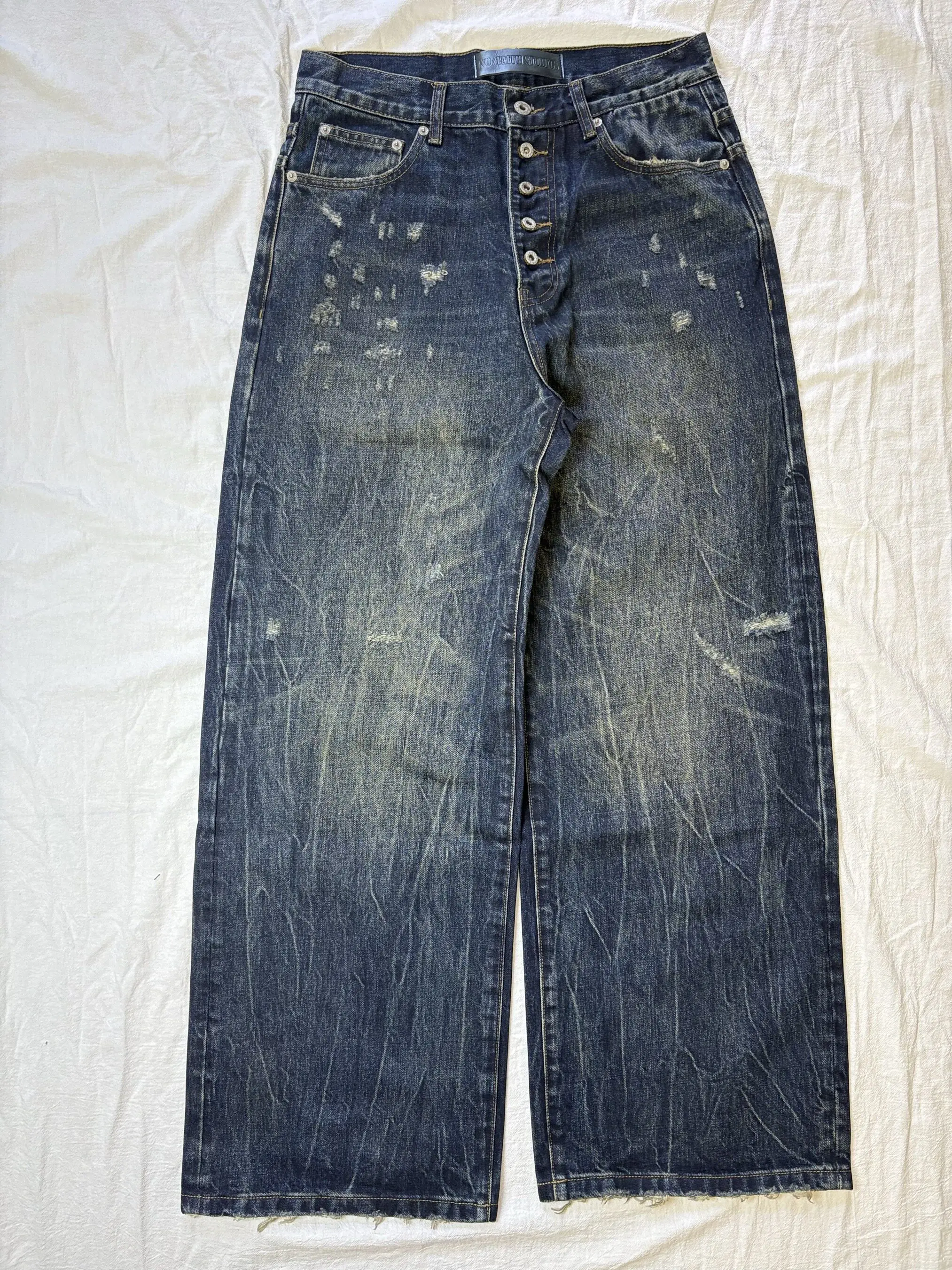 

No faith studios Japanese twill washed midnight indigo baggy buckle jeans