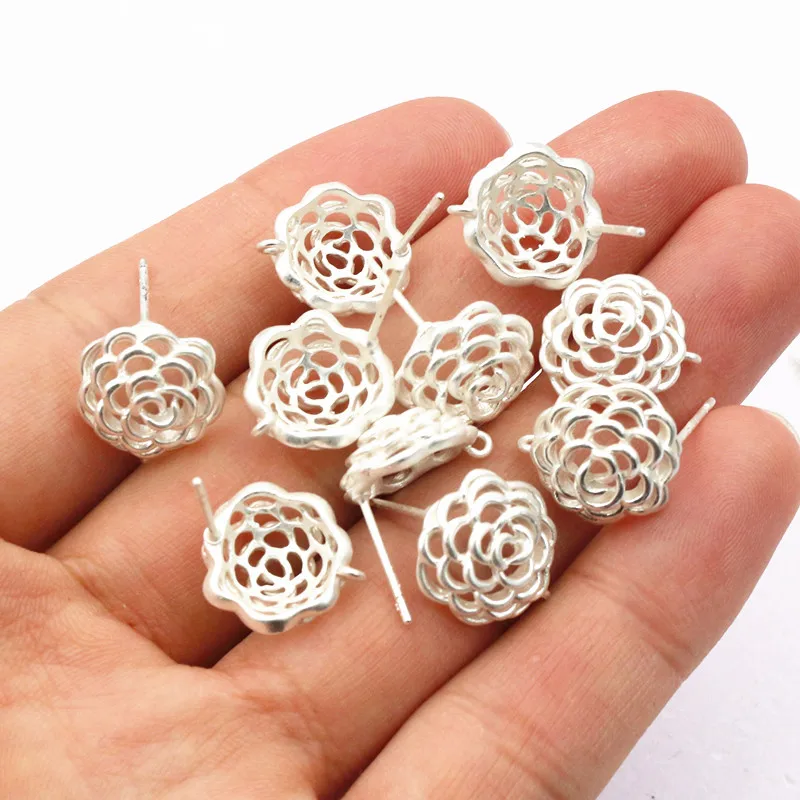 6pcs Flower Stud Earring Pins Hooks 12x11mm Brass Matte Silver Plated DIY Earrings Jewelry Making Accessories Findings