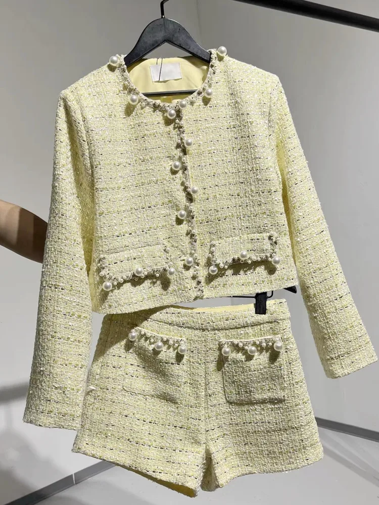 خريف جديد الفرنسية الراقية دعوى الاجتماعية الحلو معطف قصير أعلى عالية الخصر ضئيلة مجموعة تي شيرتات قصيرة للأطفال أنيقة قطعتين مجموعات ملابس النساء