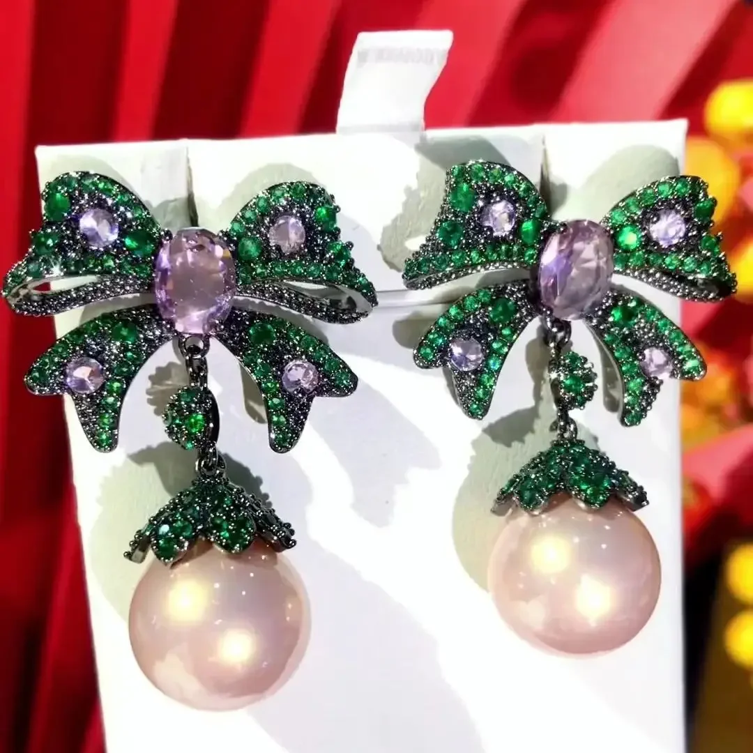 

Soramoore Romantic Bowknot Pink Pearl Drop Earrings For Women Wedding Bridal Earrings Fashion Trendy Jewelry High Quality HOT
