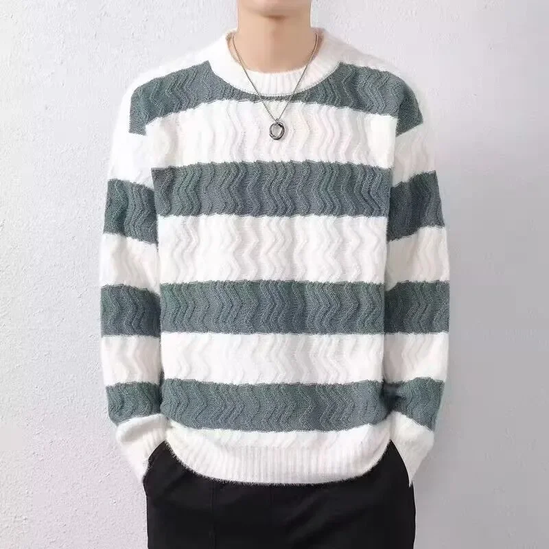 Moda cuello redondo Color a juego suéter suelto a rayas ropa de hombre 2025 Otoño e Invierno nuevo suéter básico Jersey Casual S