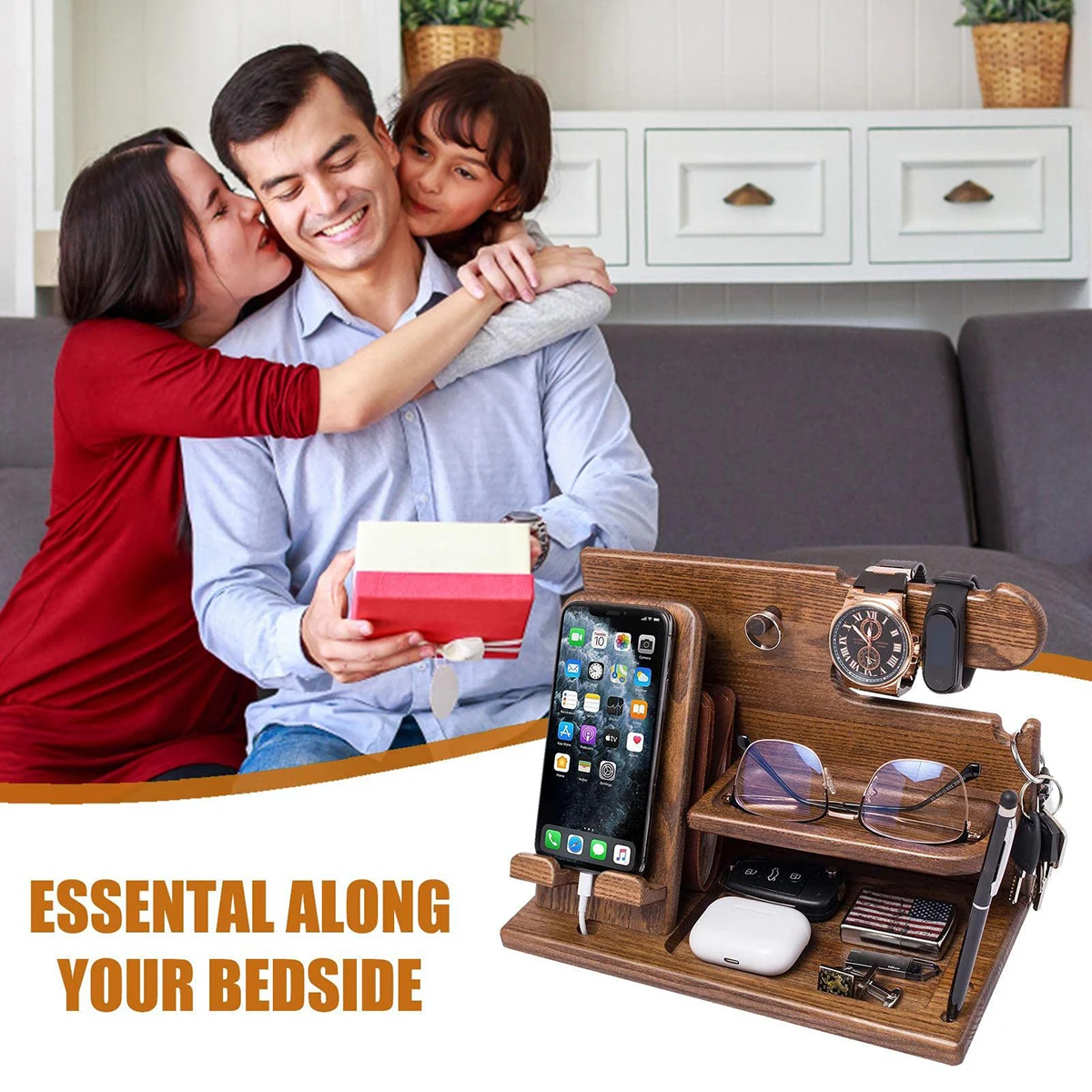 Wood Phone Docking Station Fathers Gift Nightstand Desk Organizer Gifts for Birthday Xmas Gifts Key Holder Wallet Stand