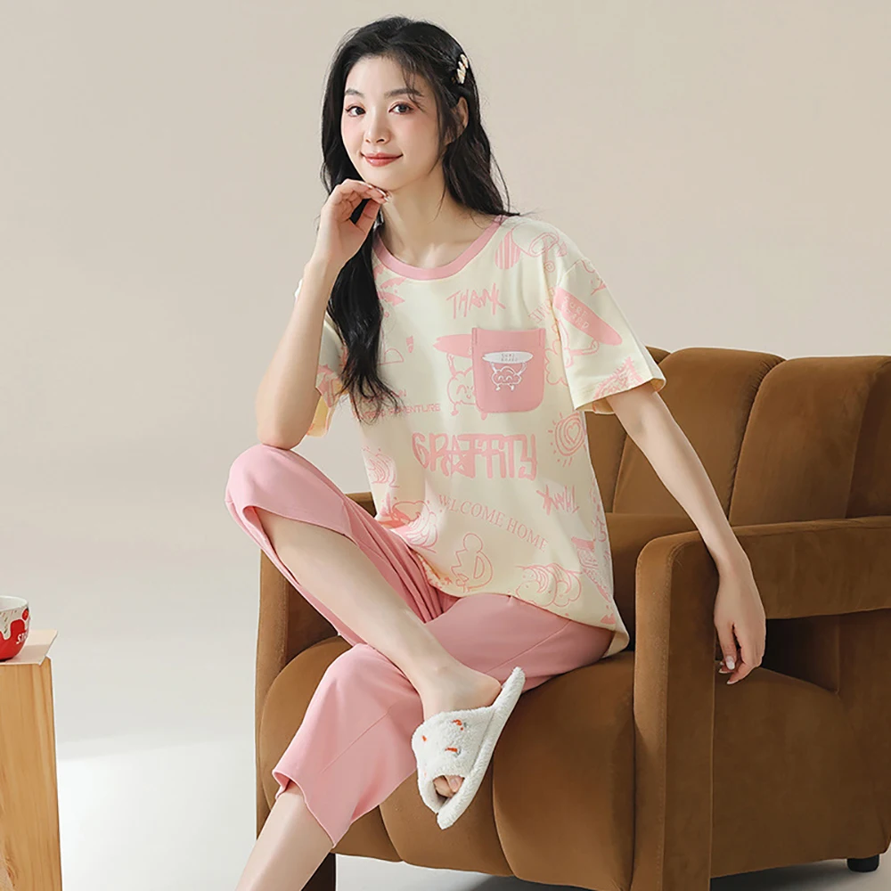 

M-2XL Cute 100% Cotton Short Sleeve Sleepwear 2024 New Summer Two-Piece Set Japanese Style Casual Breathable Women's Pajamas