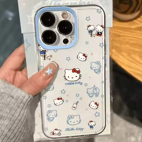 Cute Blue Hello Kitty Transparent Case For Samsung Galaxy S25 S24 S22 S23 Ultra S21FE Plus A16 A53 A56 A35 A54 A34 A33 A15 Cover