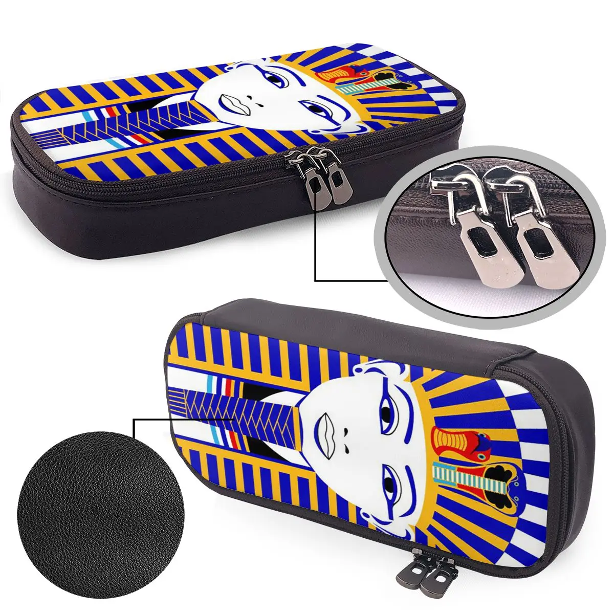Egyptian Pharaoh With Golden Crown Illustration Leather Pencil Cases Pen Holder Stationery Supplies Pen Box Pencil Bag for Kids