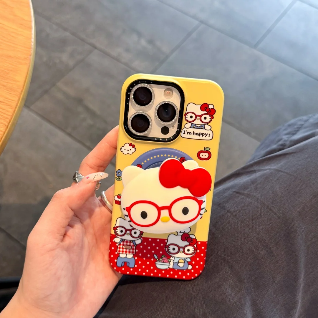 

Милый чехол для телефона Hello Kitty с 3D мультяшными очками для iPhone 17, 16, 14, 15, Pro Max, с магнитным держателем-подставкой, противоударные чехлы