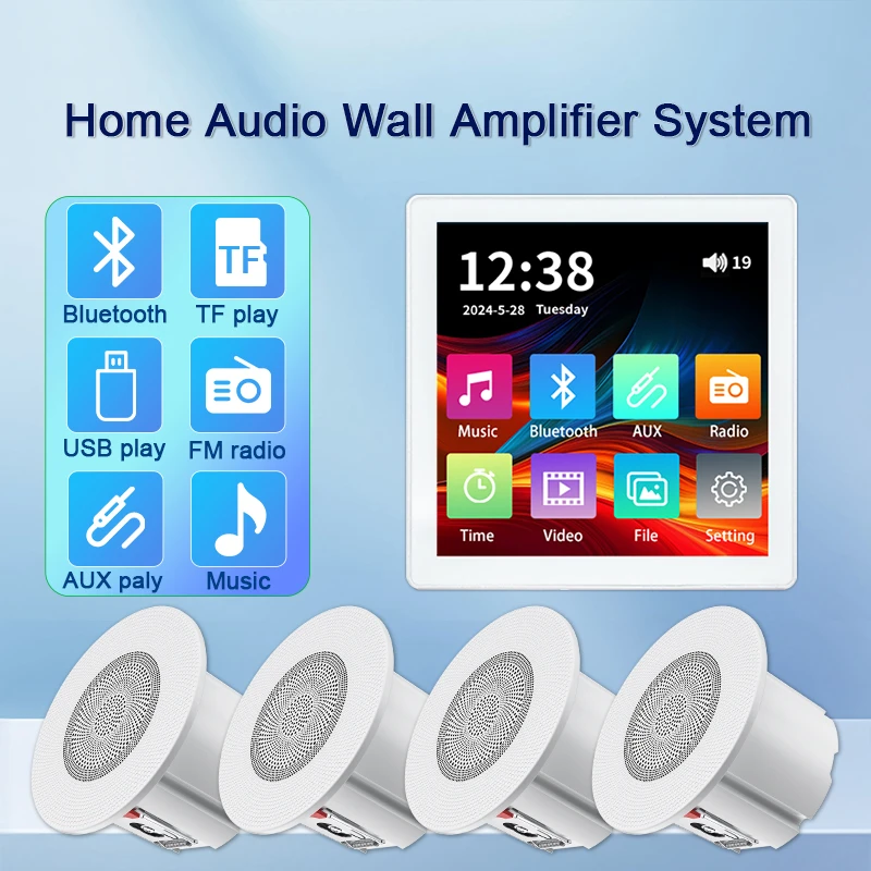 Touch Screen Home Theater Audio System Bluetooths Background Music Controller FM TF USB Sound in Wall Amplifier Ceiling Speakers