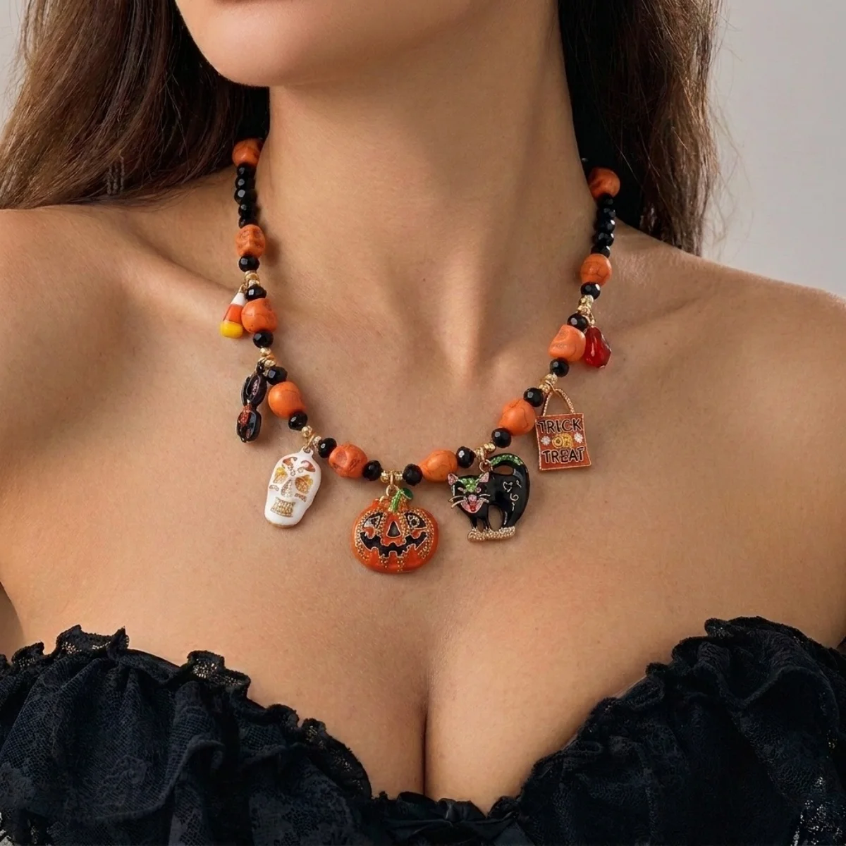 Gotische Cosplay-Halskette mit einzigartigen roten Kristallperlen und Quasten für Damen, Halloween-Fledermaus-Totenkopf-Kürbis-Choker, Punk-Party-Schmuck – Detail 14