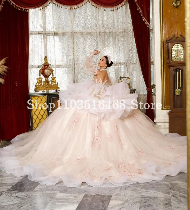 Princess Pink Quinceanera Dresses 2024 Luxury Chapel Train Sweetheart Neck Corset Wedding Dresses Removable Sleeve 16 Dress