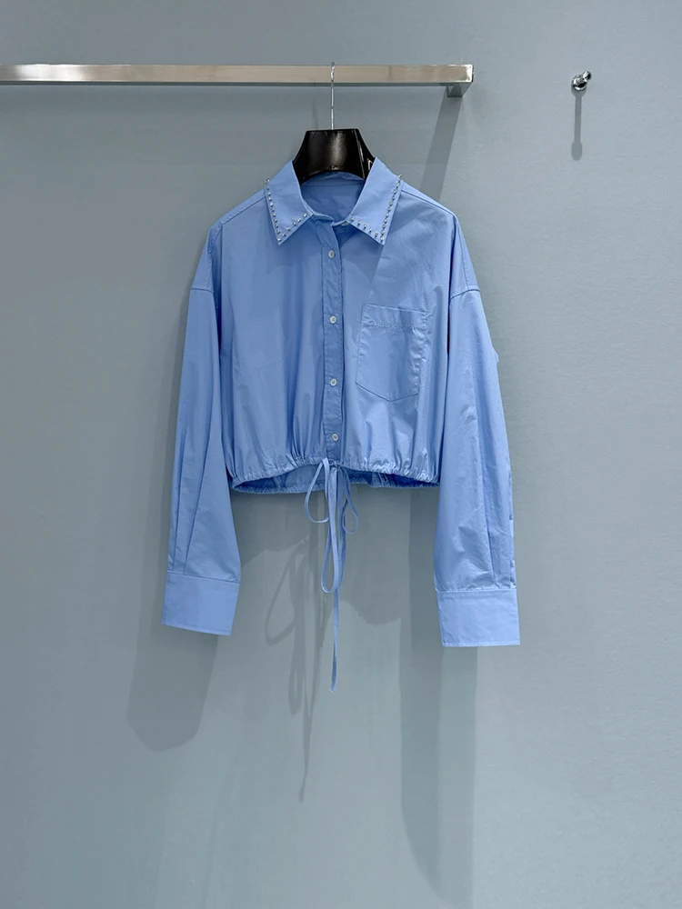 

Модная женская блузка весна-лето синего цвета, укороченная, приталенная, с отложным воротником, длинными рукавами и шнуровкой на талии