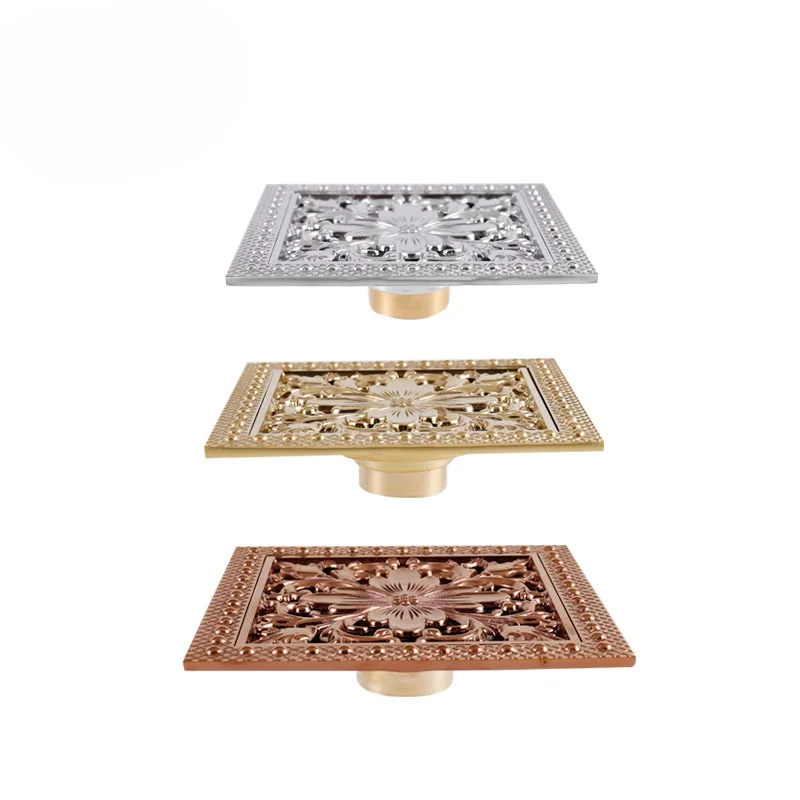 Antique Bronze Carved 15X15 CM Floor Drain Brass Shower Floor Drain Rose Gold Square Floor Drain Screen Cover Grille Drain