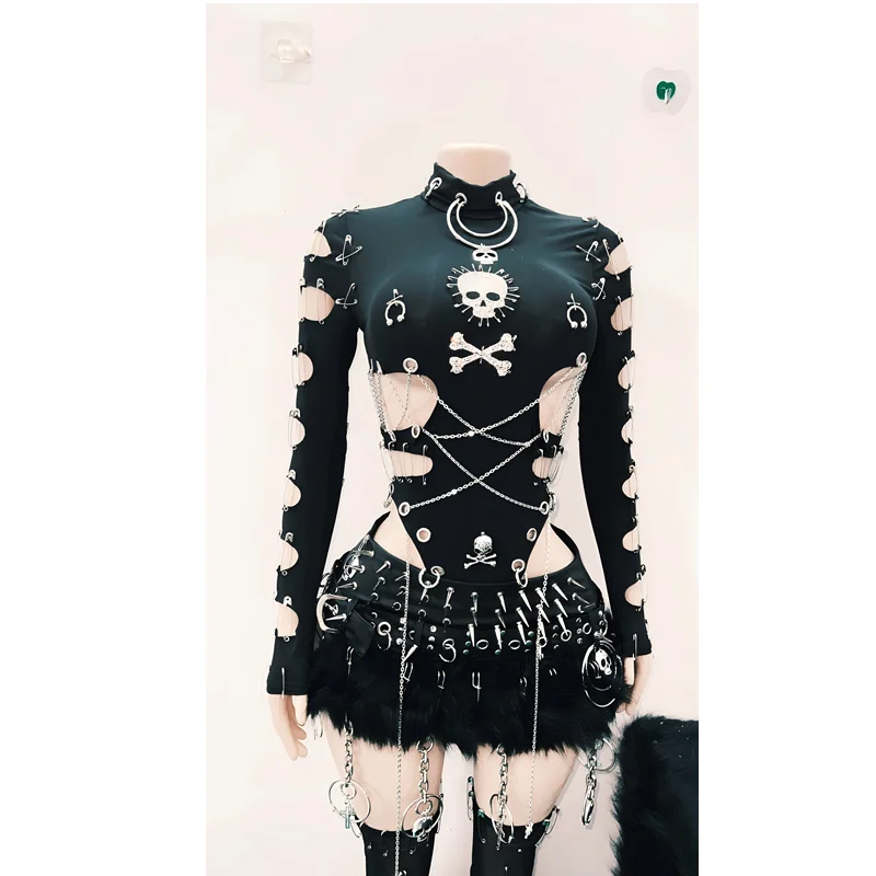 Gótico preto escuro oco para fora colete de uma peça feminino original indústria pesada punk saia curta sexy doce legal saias terno senhoras