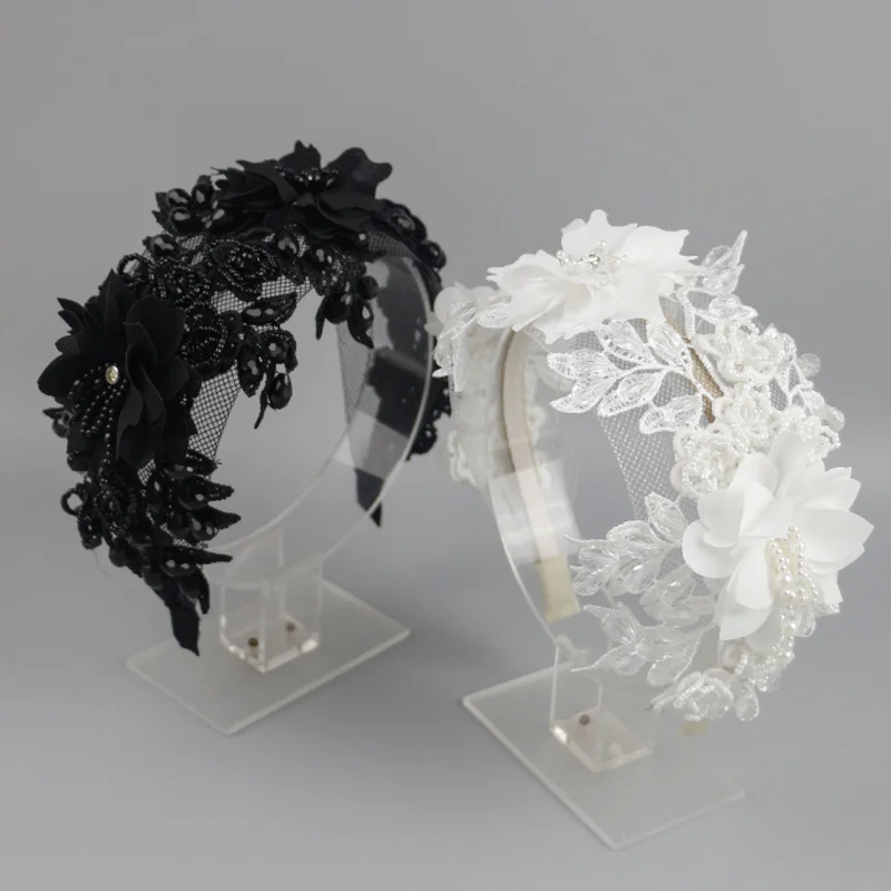 手作りレースビーズフラワーヘアフープヘアバンドブライダルウェディングブラックホワイトワイドエッジヘッドバンドヘアバンドヘアアクセサリー帽子