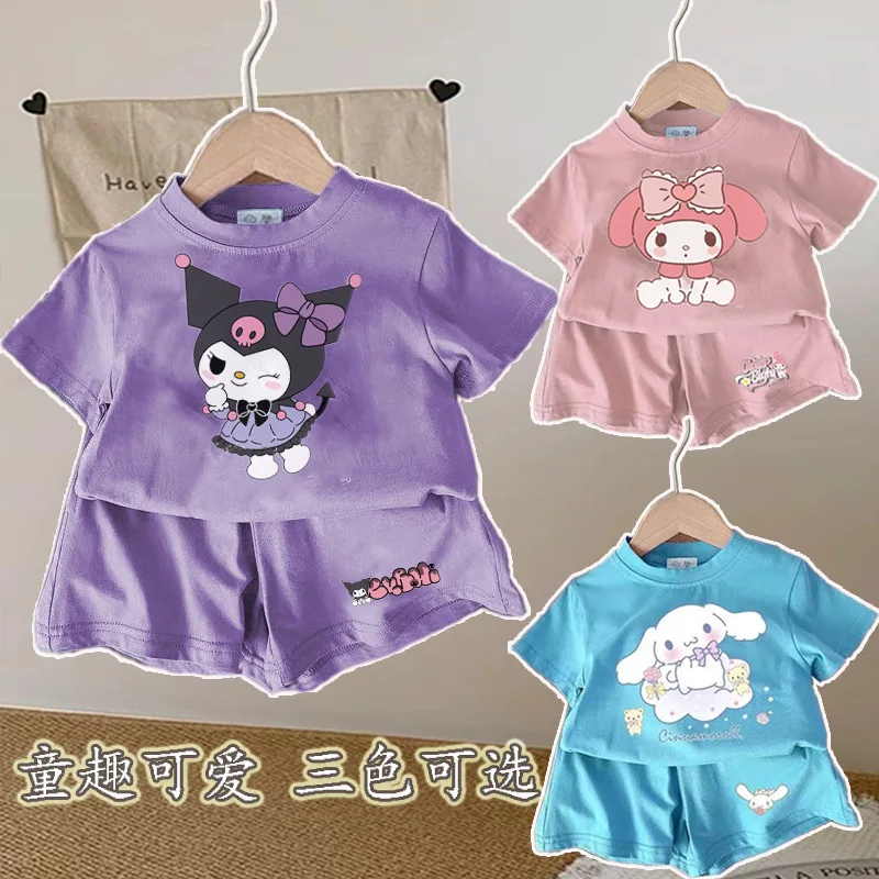 Sanrio My Melody camiseta e shorts de manga curta para meninas, calças fofas dos desenhos animados para criança, roupas de verão, anime Cinnamoroll