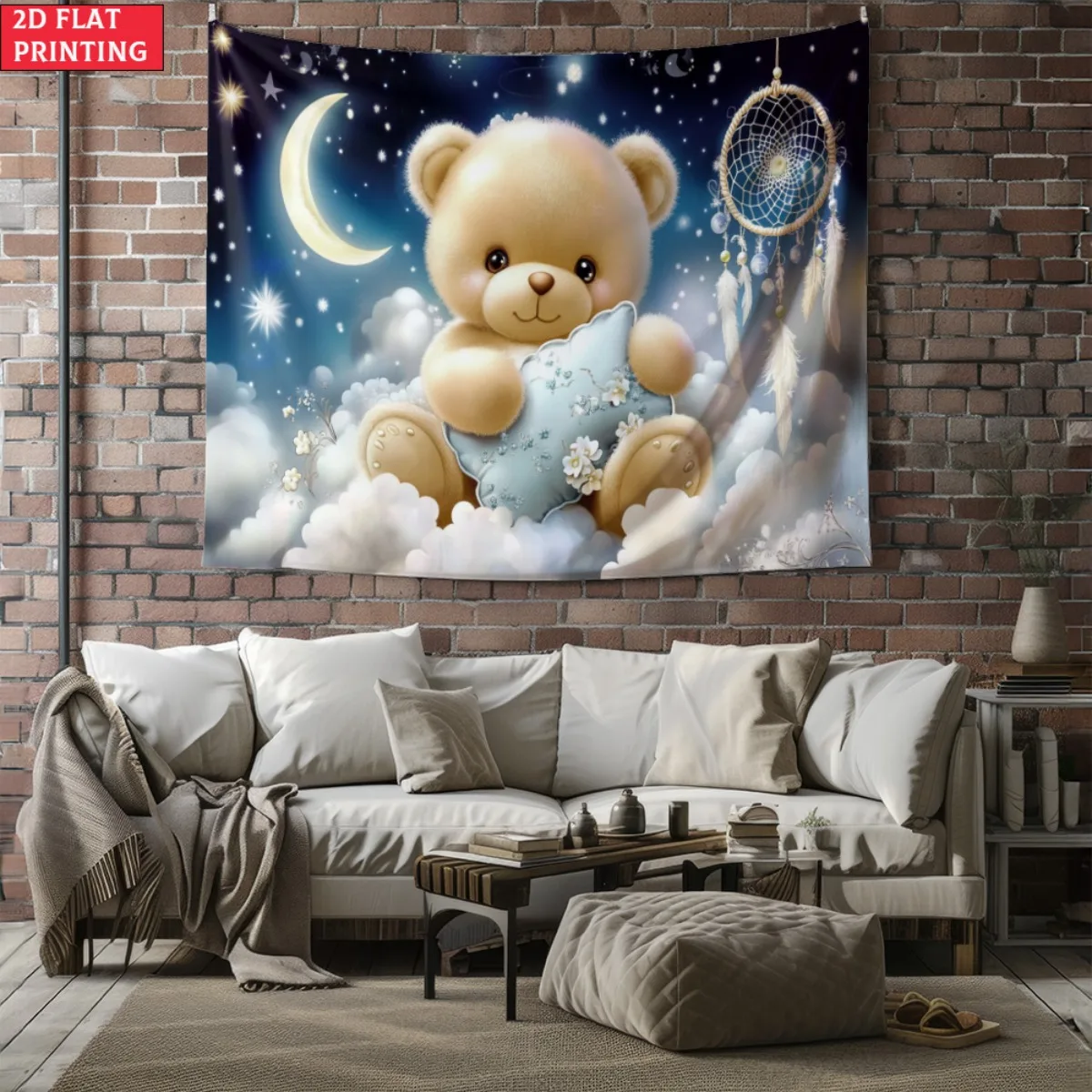 Lindo oso de peluche atrapasueños tapiz cielo nocturno Luna nubes colgante de pared para habitación de niños guardería decoración de dormitorio de bebé con azul suave