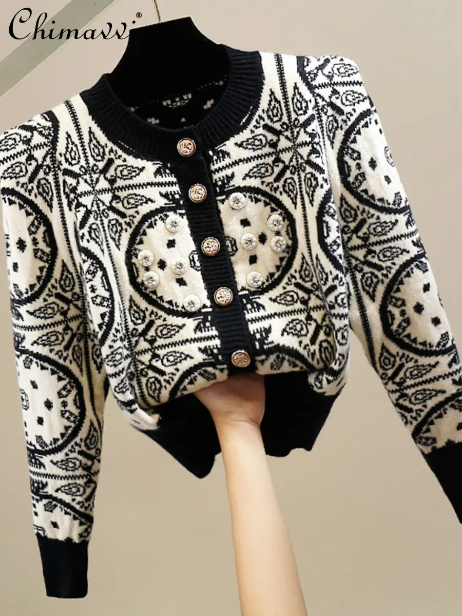 

Ethnic Style Heavy Manual Beaded Diamond Single-Breasted Long Sleeve Sweater Fashion Retro Temperament Knitted Cardigan Women