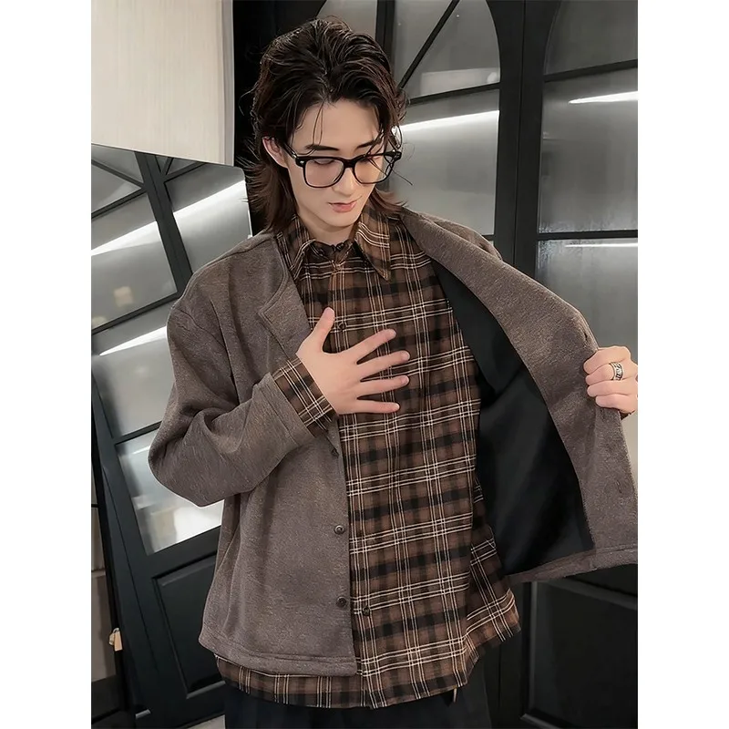 

Loose Knitted Plaid Patchwork Jaet Men's Autumn Design Open Cardigan Baseball Sle Outerwear Comfortable Polyester Fiber