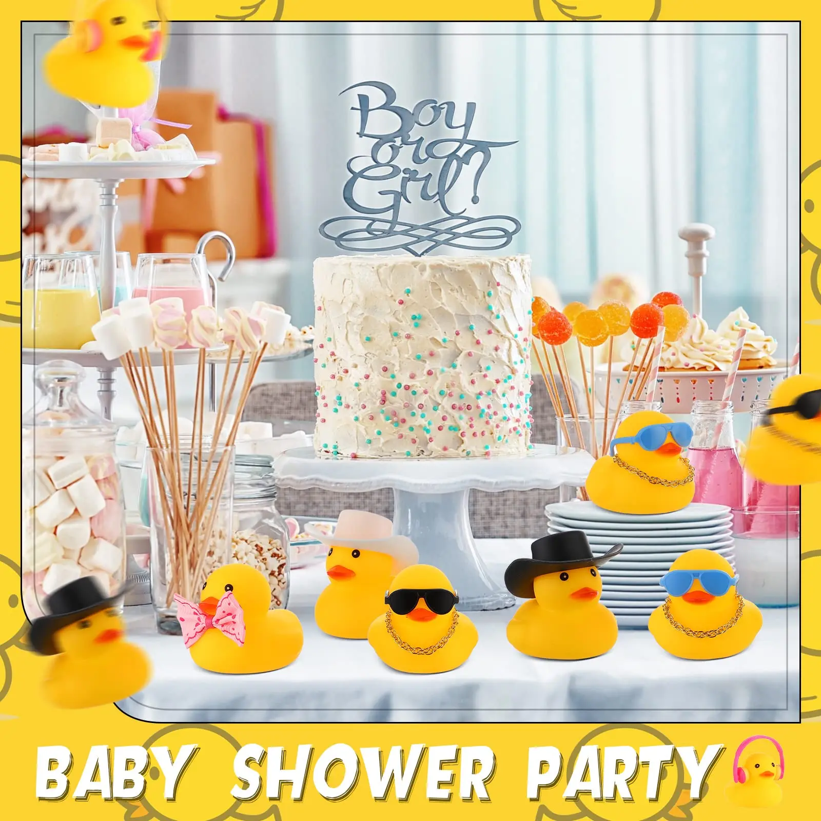 48 Pcs Rubber Duck Bath Toy Bulk Yellow Duck Car Ornaments with 12 Sunglasses 12 Cowboy Hat 12 Bow 12 Necklace 8 Earphones