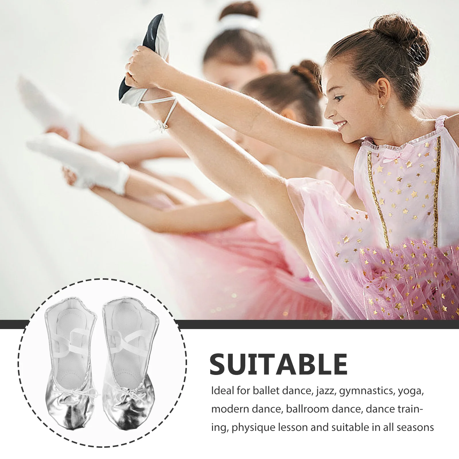 

Балетки из искусственной кожи для детей и девочек, нескользящая замшевая подошва с разделенной подошвой, удобные балетки с блестящей поверхностью, размер 34, серебро