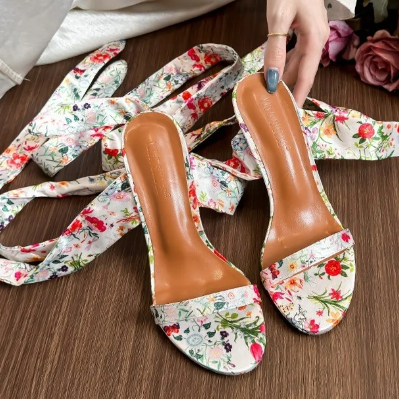 Bohemian Style Floral Ribbon Strap Detail Wedge Sandals Women Sexy Open Toe High Heels for Ladies Summer Elegant Dress Shoes