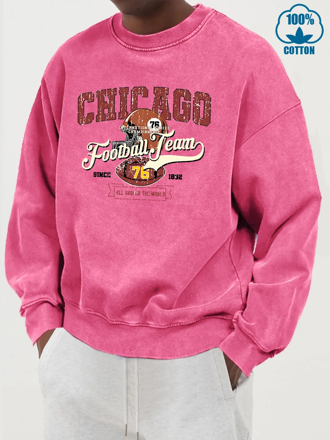 Chicago Football Team Printed Men Washed Cotton Sweatshirts Autumn All-Match Pullover Casual Vintage Hoodie Street Soft Clothes