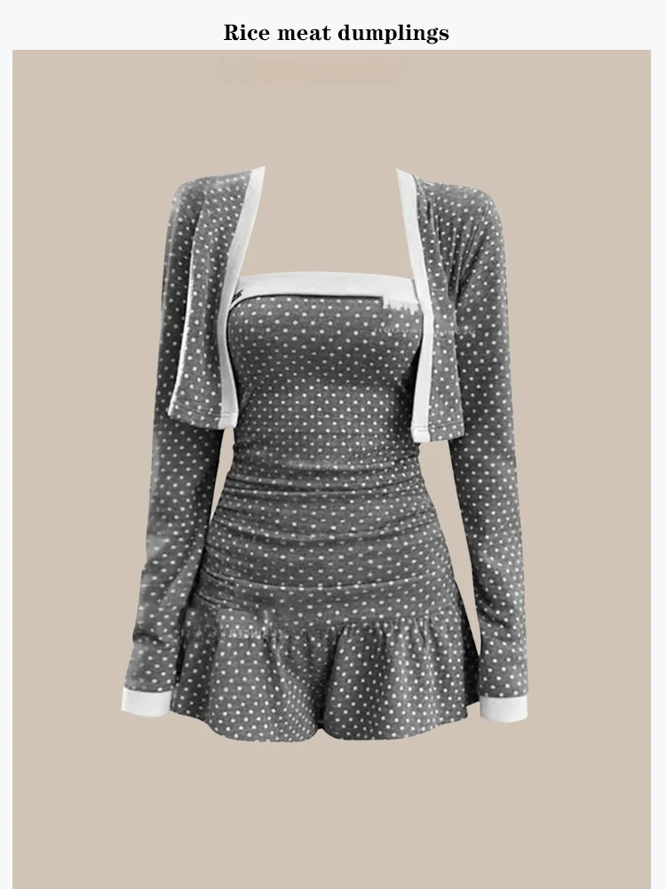 

Autumn Fashion Polka Dot Ribbed Collar One Shoulder Dress Cardigan Set High Elasticity Long Sleeve Slim Fit Commute Style Cas...
