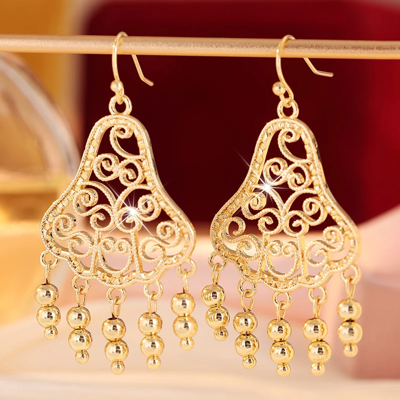 Women's Gorgeous Bohemian Style Hollow Golden Tassel Dangle Earrings Elegant Temperament Wedding Banquet Charm Jewelry Accessory