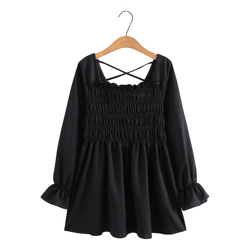 

Loose Black Casual Top for Women Spring Autumn New Style plus Size Back Pull Strip Doll Shirt Square Collar Sleeve Bell
