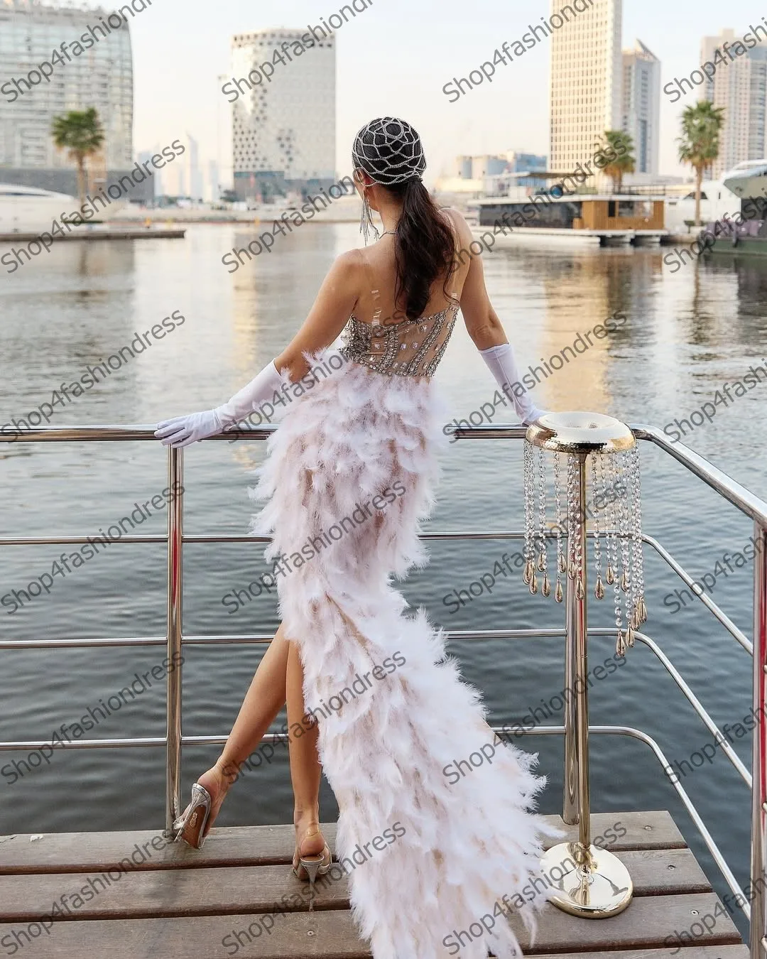 Charming Feathered Pageant Dress Sexy High Slit Lacce Sequined Long Prom Party Dresses Luxury Crystals Evening Party Gowns