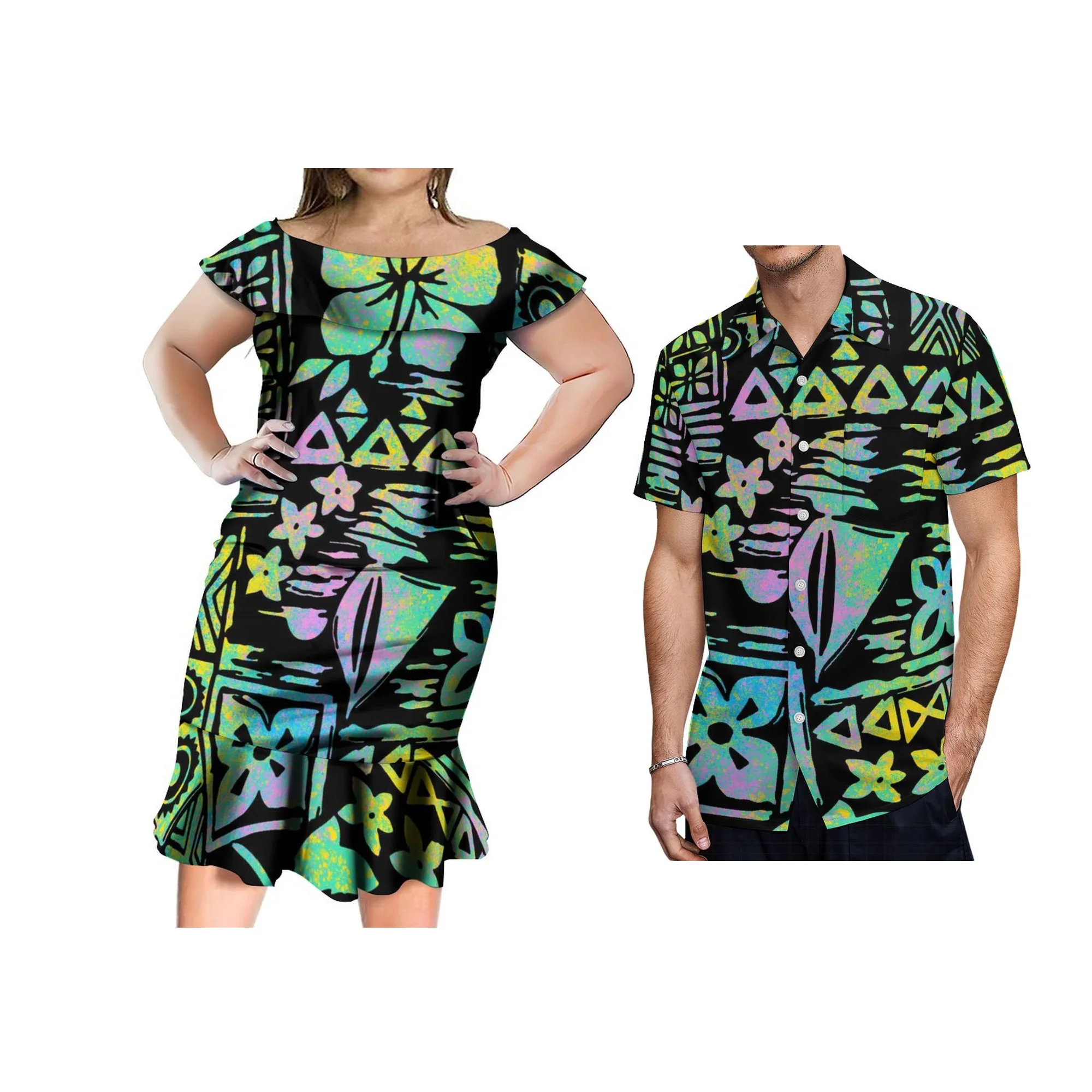 Polynesian Island Style Print Custom Women Hips-Wrapped Dress Mermaid Casual Evening Women Pleated Short Dress